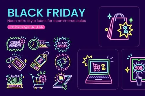 Neon Black Friday Cyber Monday icons