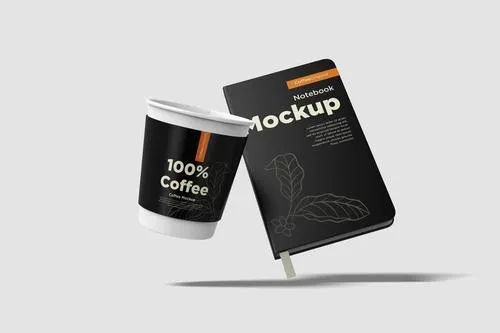 Coffee Cup with Notebook Mockup UD9TWR3